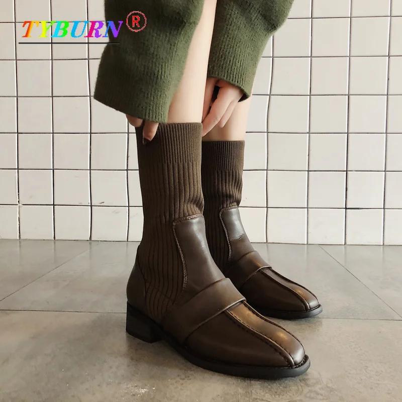 

2022 Designer Winter Women's Boots Knitted Elastic Stockings Boots Square Toe Thick Heel Boots Fashion Ankle Boots Chelsea Boots