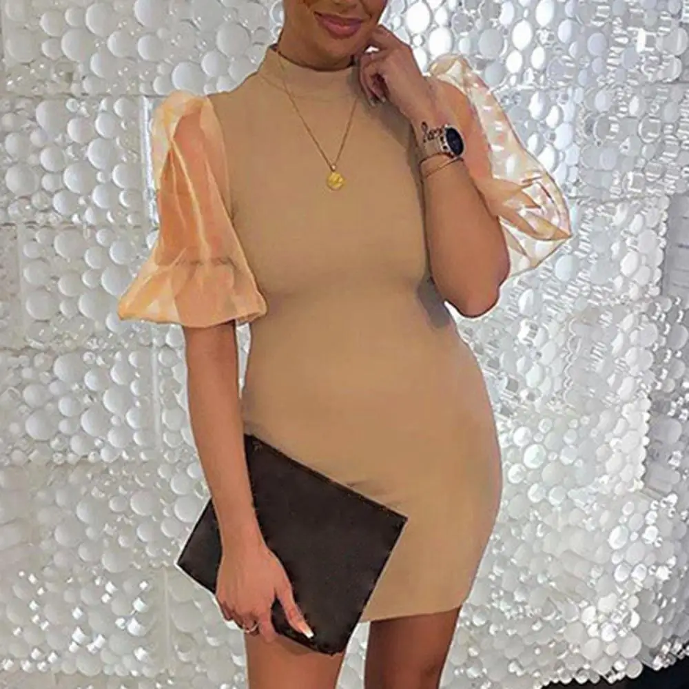 Женское газовое платье с круглым вырезом однотонное лоскутное рукавами