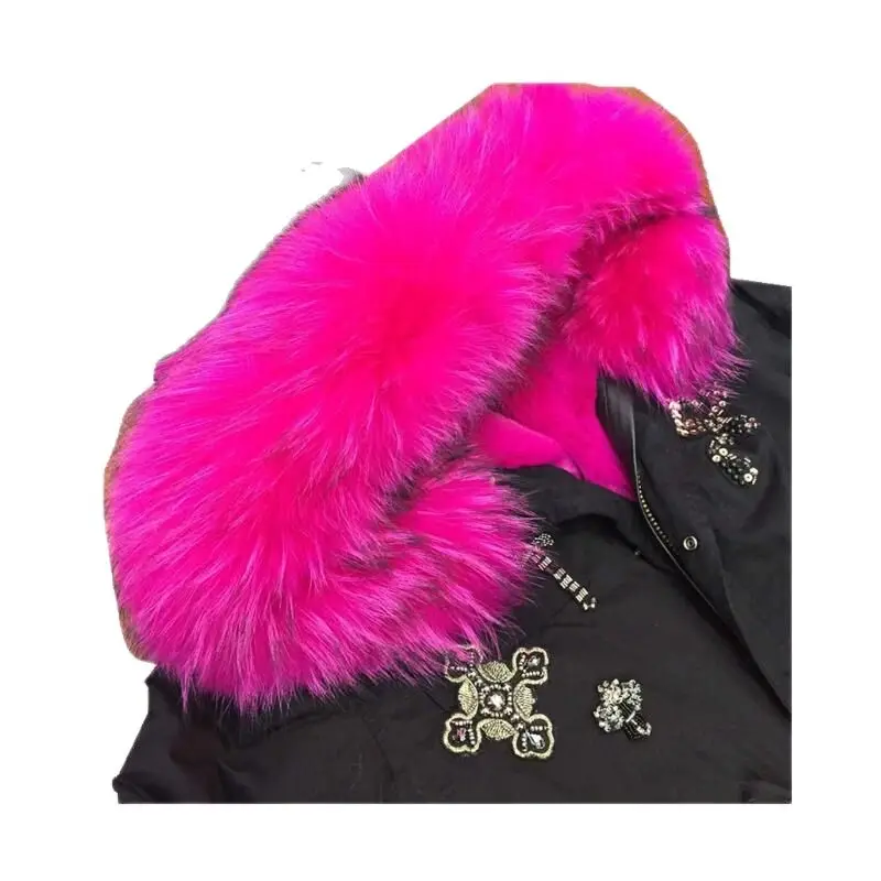 Горячий розовый воротник из натурального енота Зимняя Толстая меховая одежда Mr