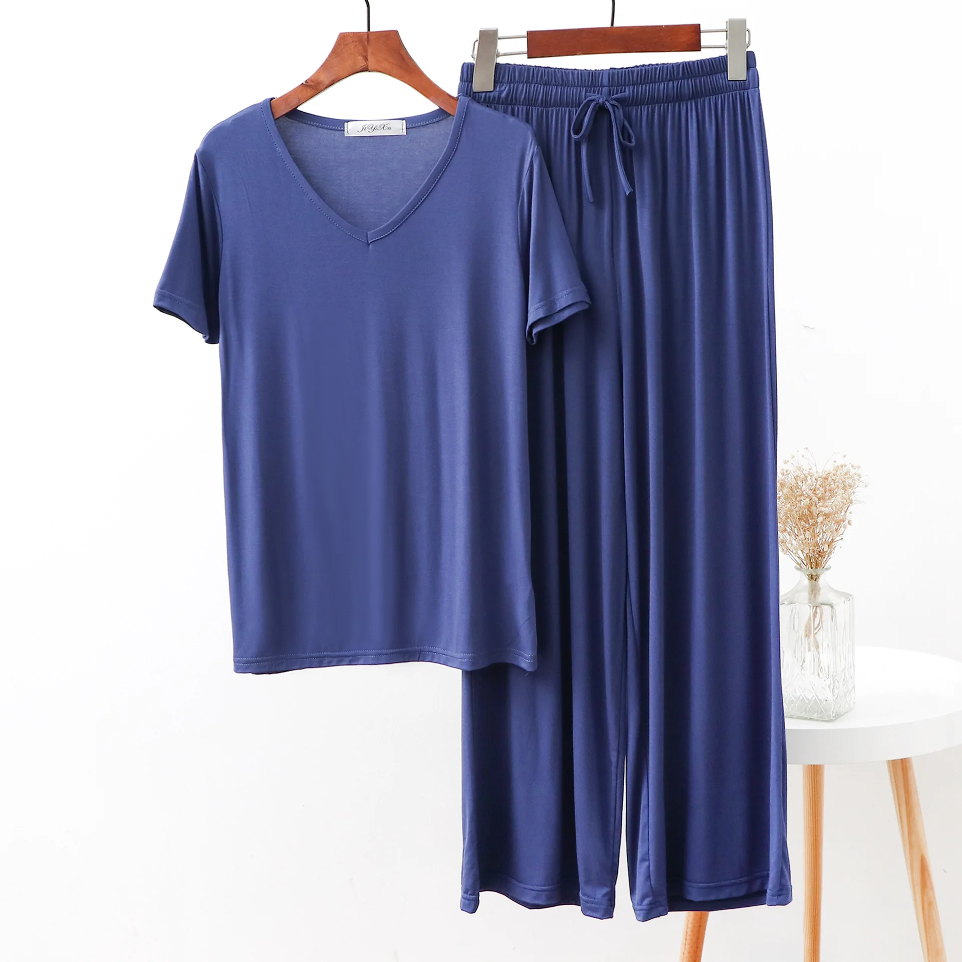 

Women's Home Service Suit Spring Summer V-Neck Short Sleeve Wide-Leg Pants Trousers Thin Section Sexy Nightwear 2 Piece Set