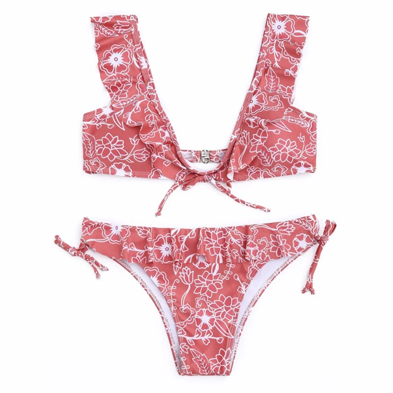 

Floral Ruffled Red Bikini Set Women V-Neck High Waiste Bandage Two Piece Swimsuit 2021 Beach Bathing Suit Swimwear Biquinis