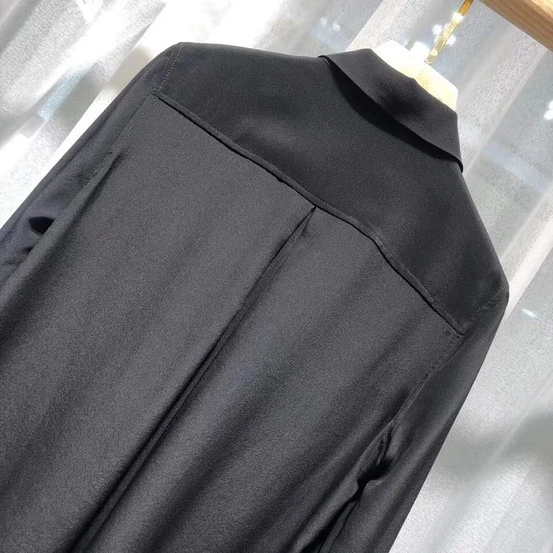 

2020 Spring Summer Fashion Silk Shirts High Quality Women Chest Pocket Patchwork Long Sleeve Casual Black Shirts Blouses Female