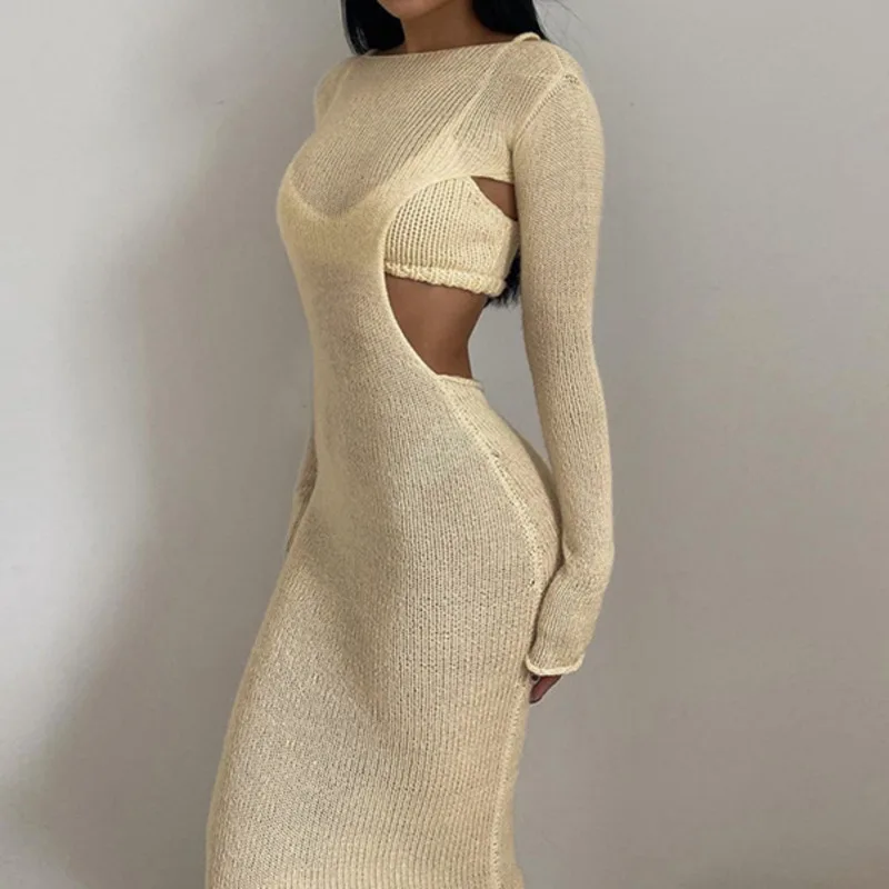 

Sexy Hollow Out Knitted Women Party Dress Suit Sleeveless Solid Slim Vest Long Sleeve Backless Bodycon Maxi Dress Two Piece Set