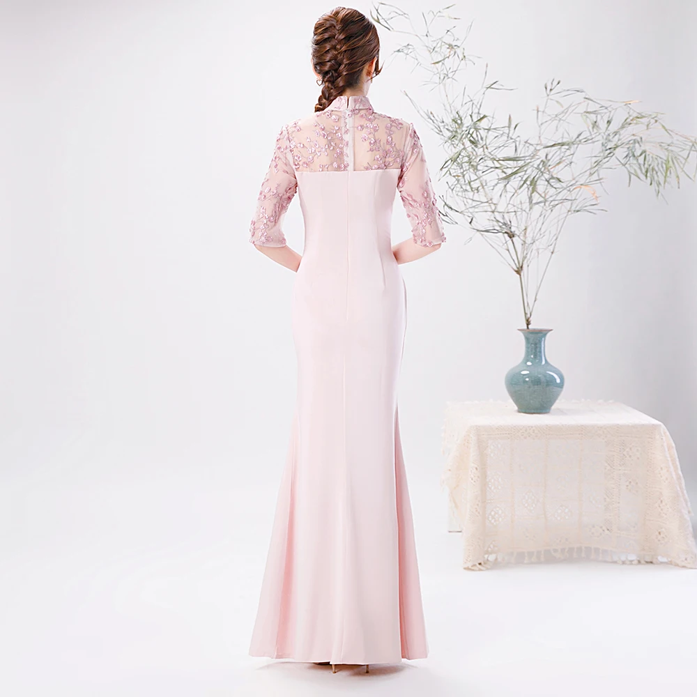 

Pink Embroidery Flower Evening Dress Slim Long Mermaid Dress Temperament Party Dress Mandarin Collar Banquet Dress Hostess Gown