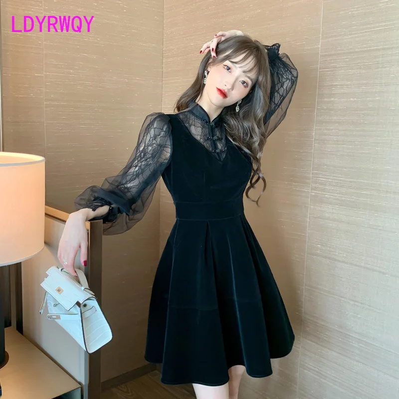 

2021 new women's dress improved girl Qipao waist velvet dress Office Lady Sheath Zippers Polyester