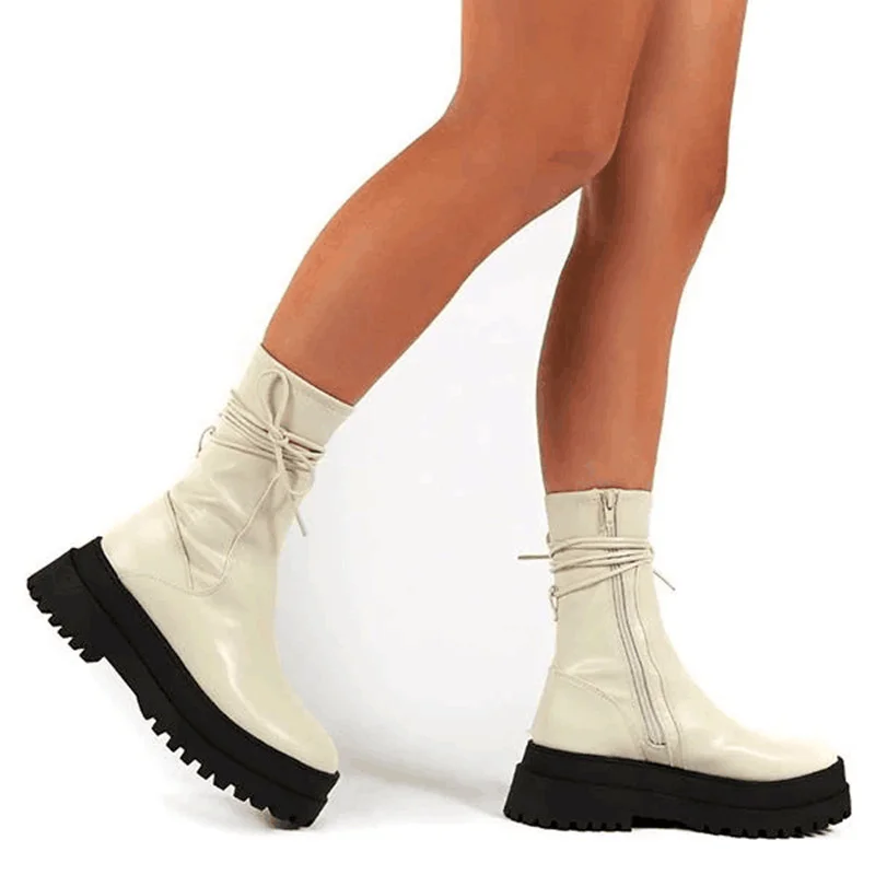 

Women's Ankle Boots Platform Fashion 2021 Ladies Boots PU Leather Shoes Plus Size Women Lace Up Thick Bottom Female Footwear