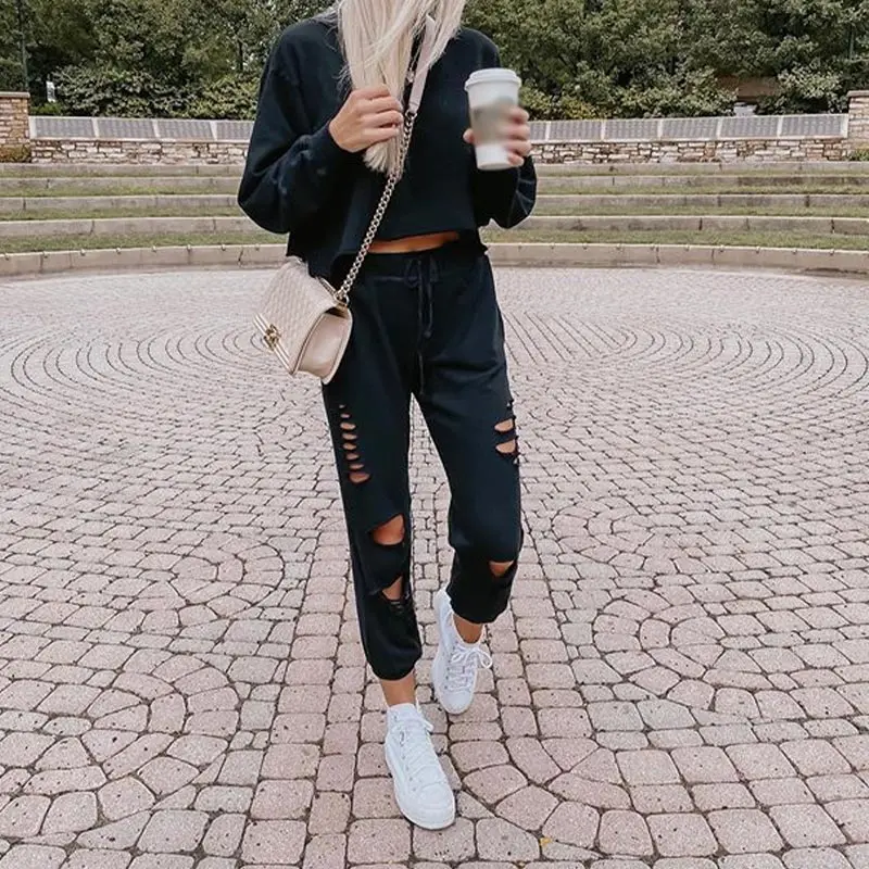 

Autumn Tracksuit 2 Piece Sets For Women Long Sleeve O-neck Pullover And High Waist Hole Lace Up Pants Streetwear Casual Lady Set