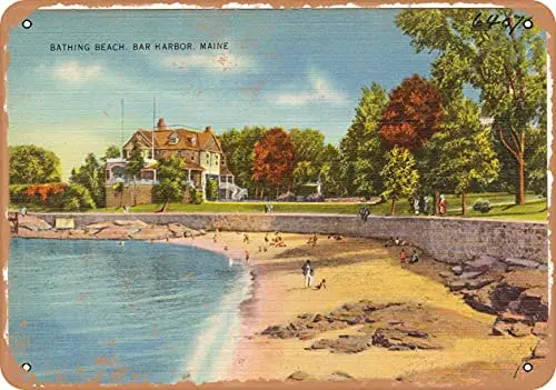 

Metal Sign Maine Postcard - Bathing Beach, Bar Harbor, Maine 1 - Vintage Rusty Look