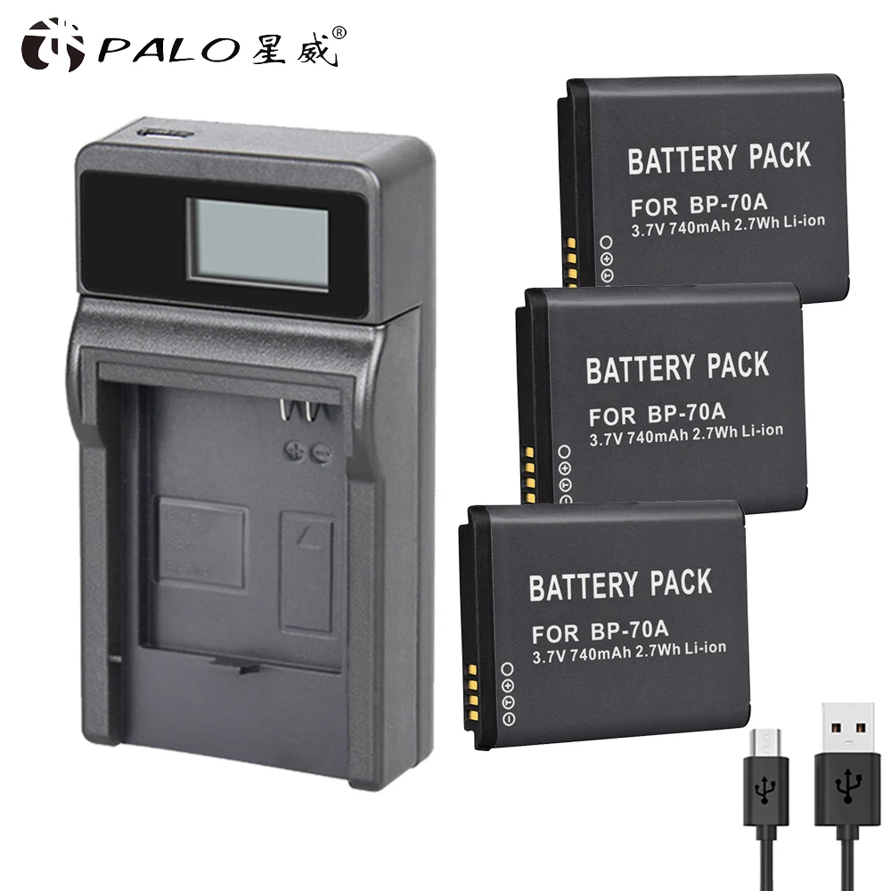 PALO 1 шт. аккумуляторная батарея для цифровых фотоаппаратов BP-70A для SAMSUNG ES65 ES70 ES73 PL80 PL90 PL100 ST30 ST60 SL50 SL600 TL105 TL110 WP10 WB35F - Цвет: 3 battery 1 charger