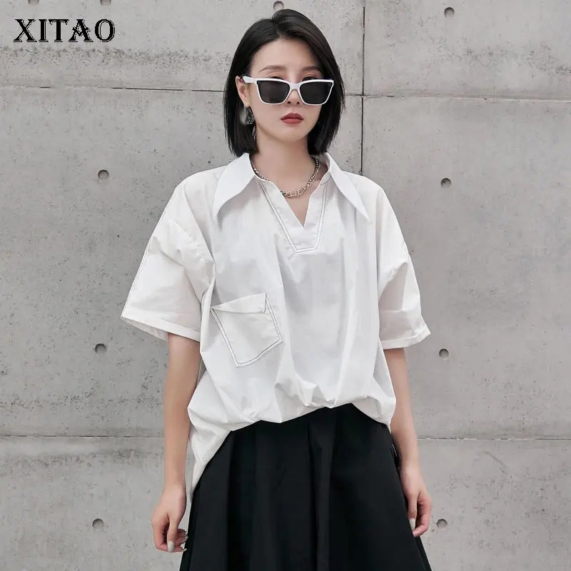 

XITAO Solid Color Women Shirt New V-shaped Turn-down Collar Fashion Loose Simplicity Temperament Casual All-match Top CLL1605
