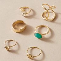 new trend simple retro versatile personality set with green diamond cat leaf adjustable ring six piece party jewelry accessories