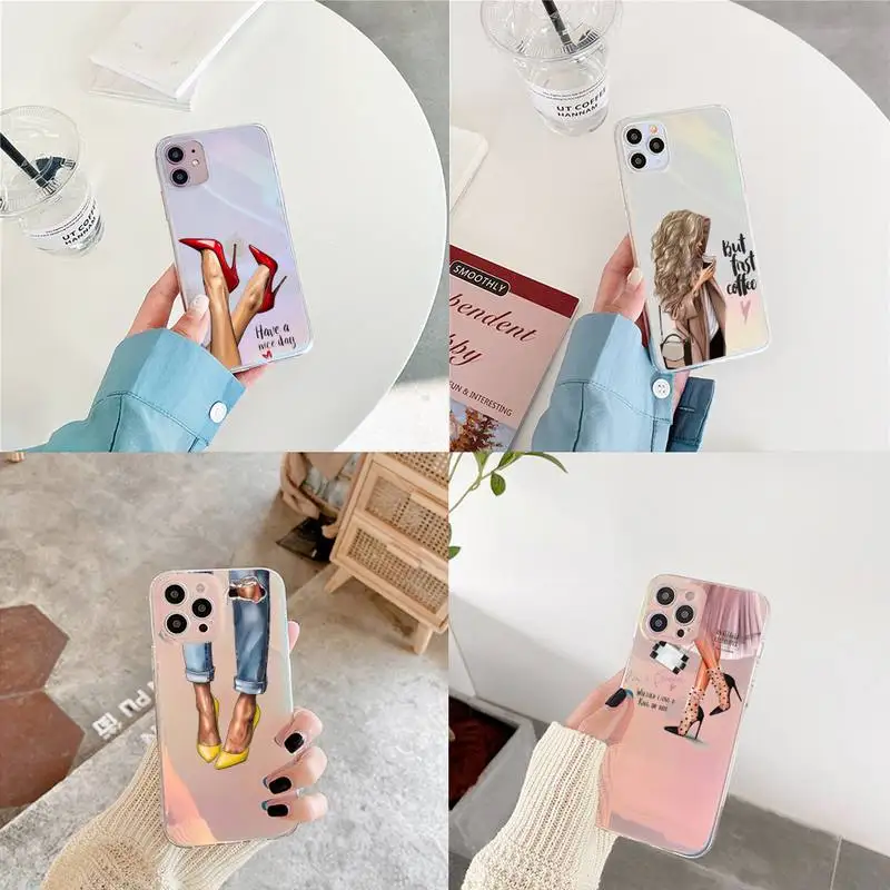 

Girls Heels Shoes Coffee Phone Case for iPhone xiaomi redmi 7 8 9 11 12 10 S X XS XR MINI Pro Max Plus moible bag laser Glitter