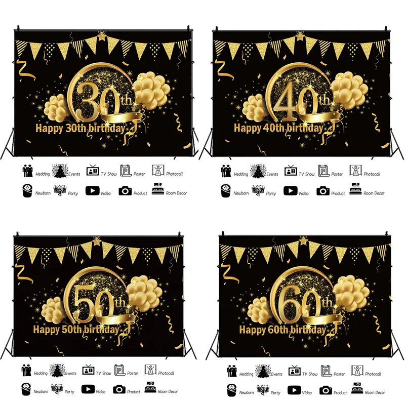 

30th 40th 50th 60th Birthday Party Background Banner Decoration Black Gold Theme Poster Anniversary Photo Booth Background