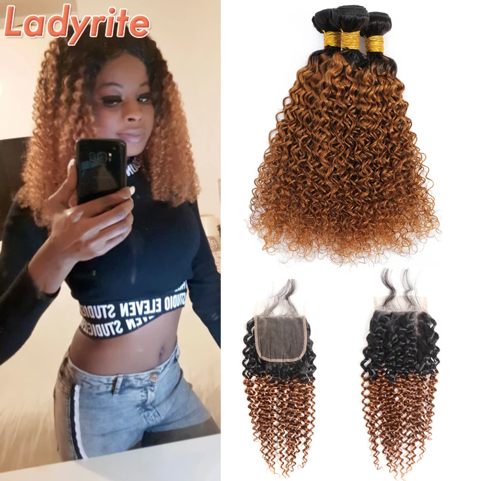 

Ombre Peruvian Kinky Curly Hair Bundles With Closure T1B/30 Brown Human Hair Bundles With Closure Remy Hair 4 Bundles Ladyrite