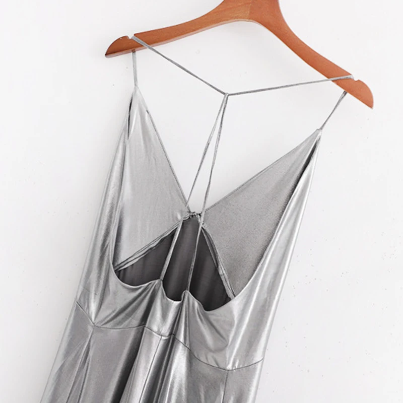 2019 ZA женское Сексуальное Серебряное длинное платье с поясом новые летние женские