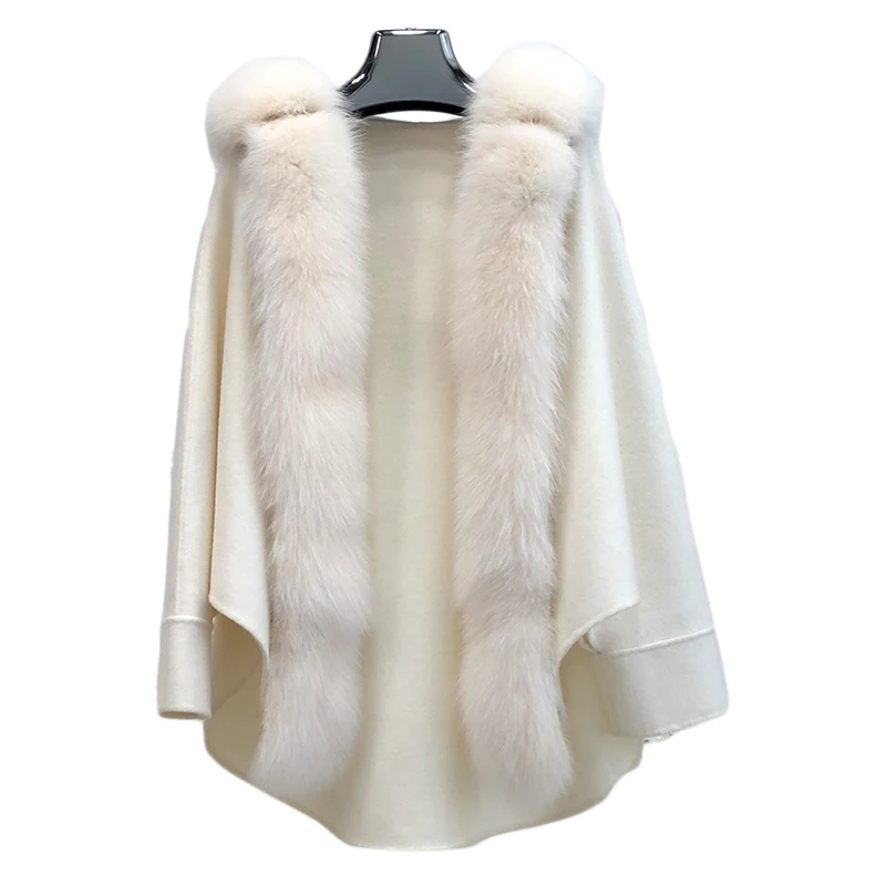 

rf2002 Luxury White Cashmere Cloak Woman Real Fox Fur Collar Evening Party Batwing Sleeve Wool Shawl