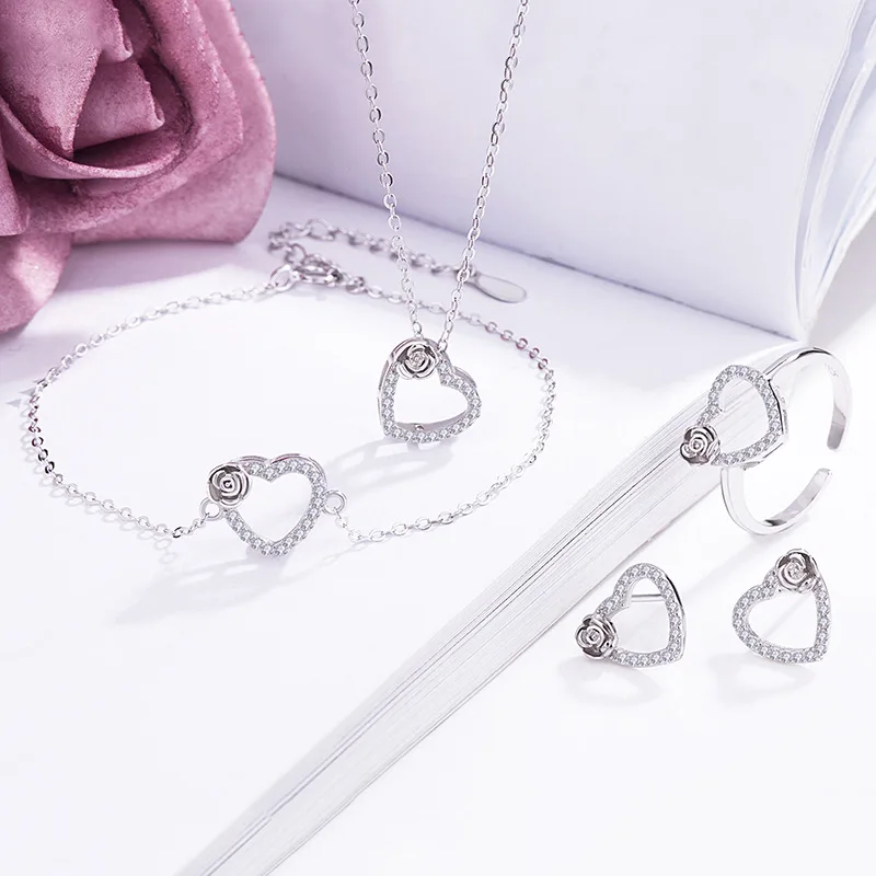 

Necklace Set Jewelry 4 Piece Set Ring for women Charm 925 Sterling Silver Earring Bracelet Classic Heart-shaped Jewelry set
