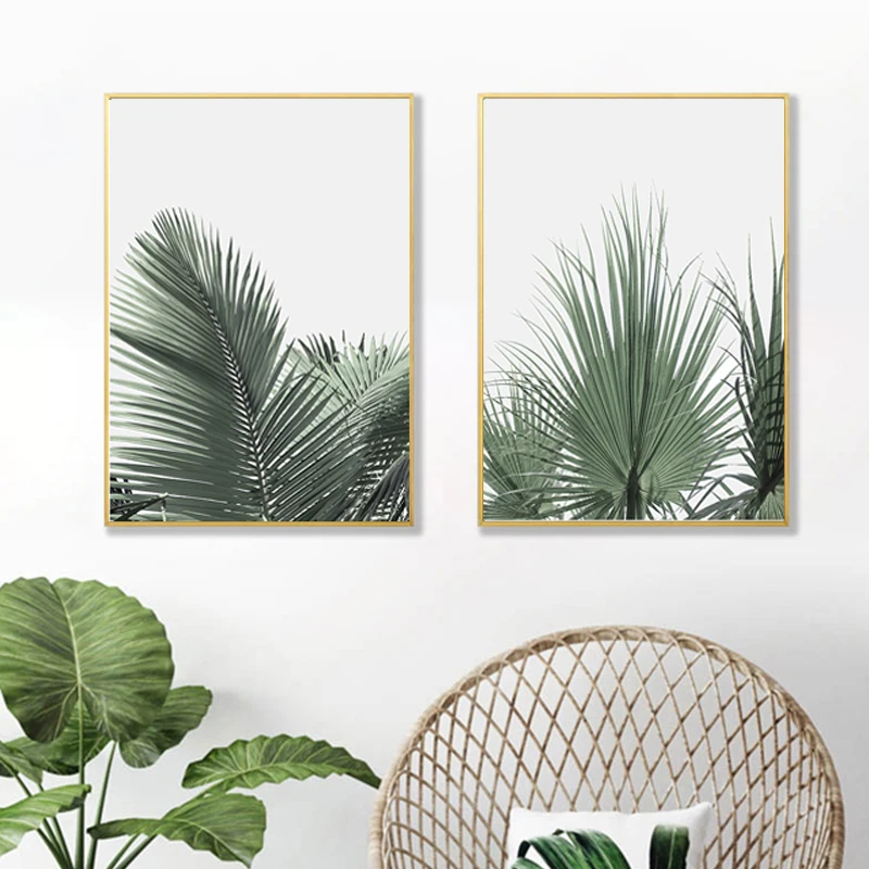 Скандинавская ботаническая Картина на холсте с зелеными листьями настенный