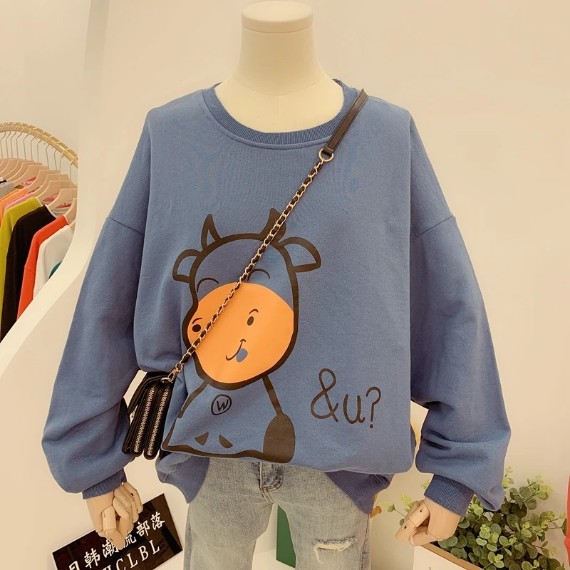 

2021 Spring Autumn Large Size Idle Style Female Top Loose Slim Printed Cartoon Calf Hoodie Round Neck Fashionable Sweatshirt