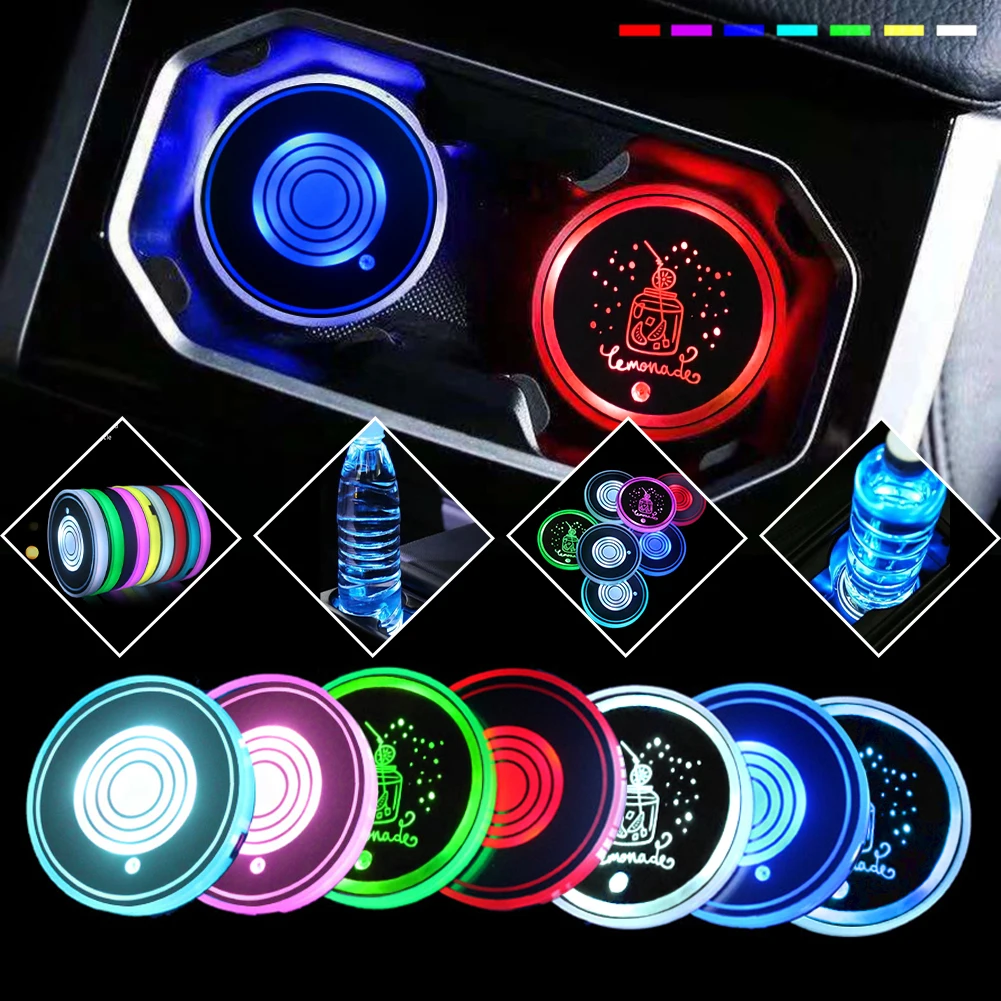 

2PC LED Cup Pad Car Accessories Light Cover Interior Decoration Lights 7 Colors with 7 Colors Changing USB Charging