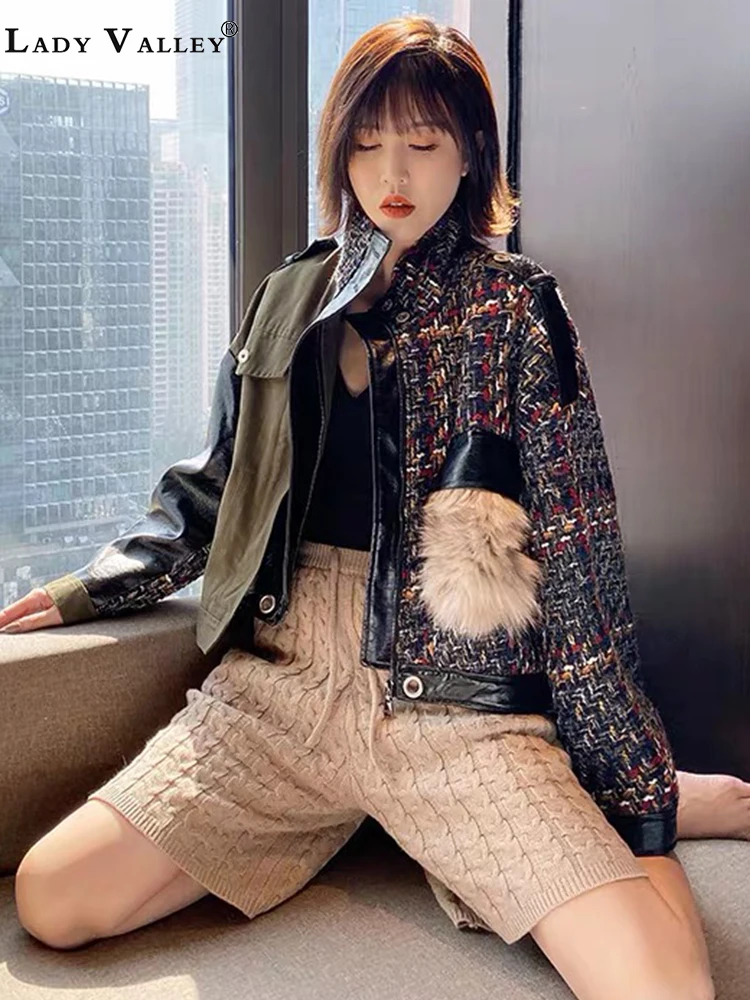 Женская твидовая куртка с карманами и лисьим мехом | одежда