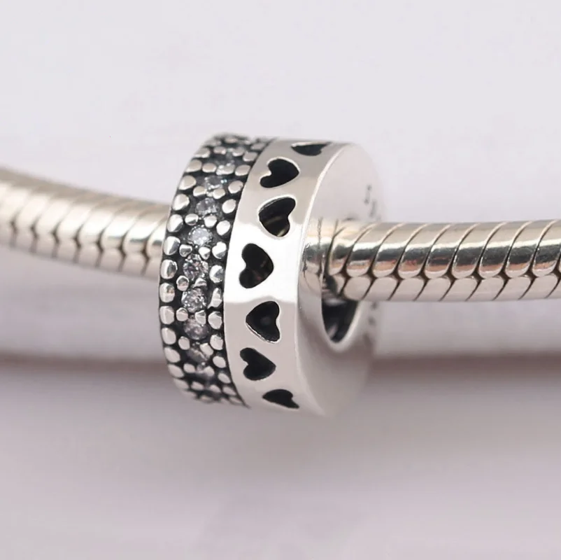 

Real 925 Sterling Silver Beads Crystal Openwork Heart Round Charms Fit Original pan Bracelet Charm For Women DIY Jewelry