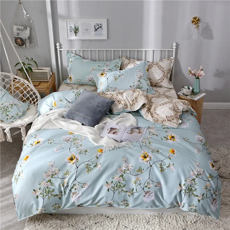 3/4 шт. синий цветок свежий постельных принадлежностей королева король AB сбоку из