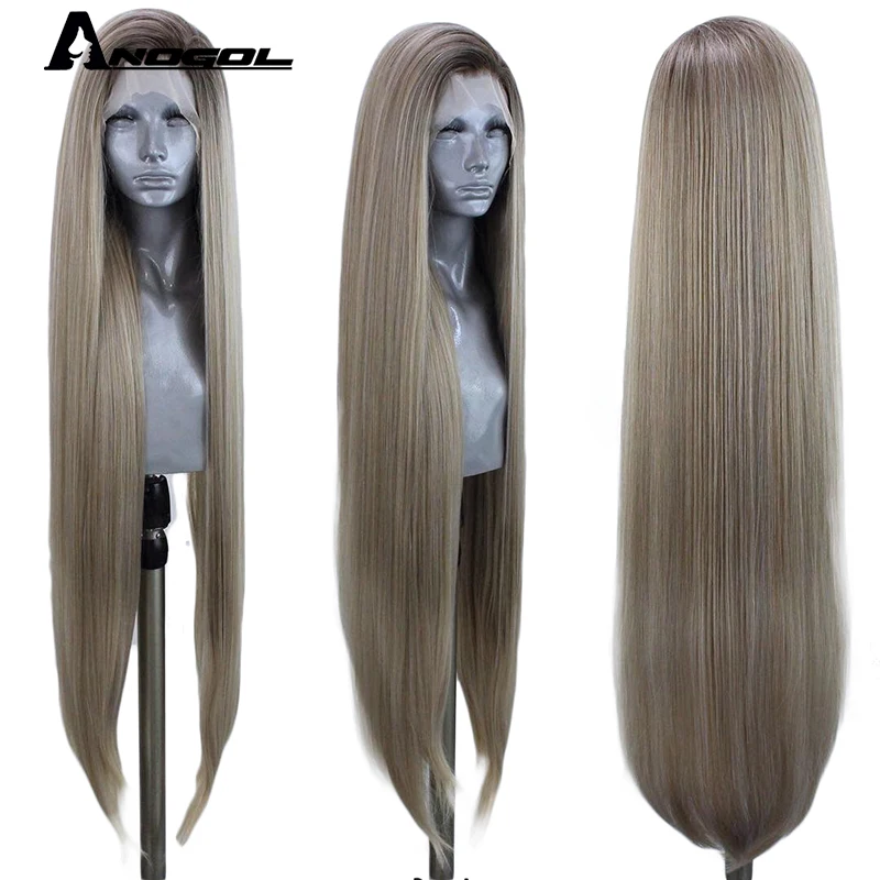 Женский длинный прямой парик с платиновым кружевом из высокотемпературного