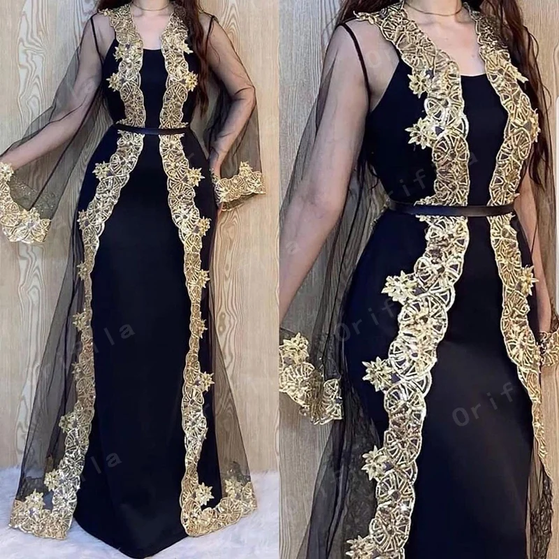 

Kosovo Albanian Caftan Evening Dress With Coat Middle East Arabic Dubai Prom Dresses Mermaid Gold Applique Formal Occasion Wear