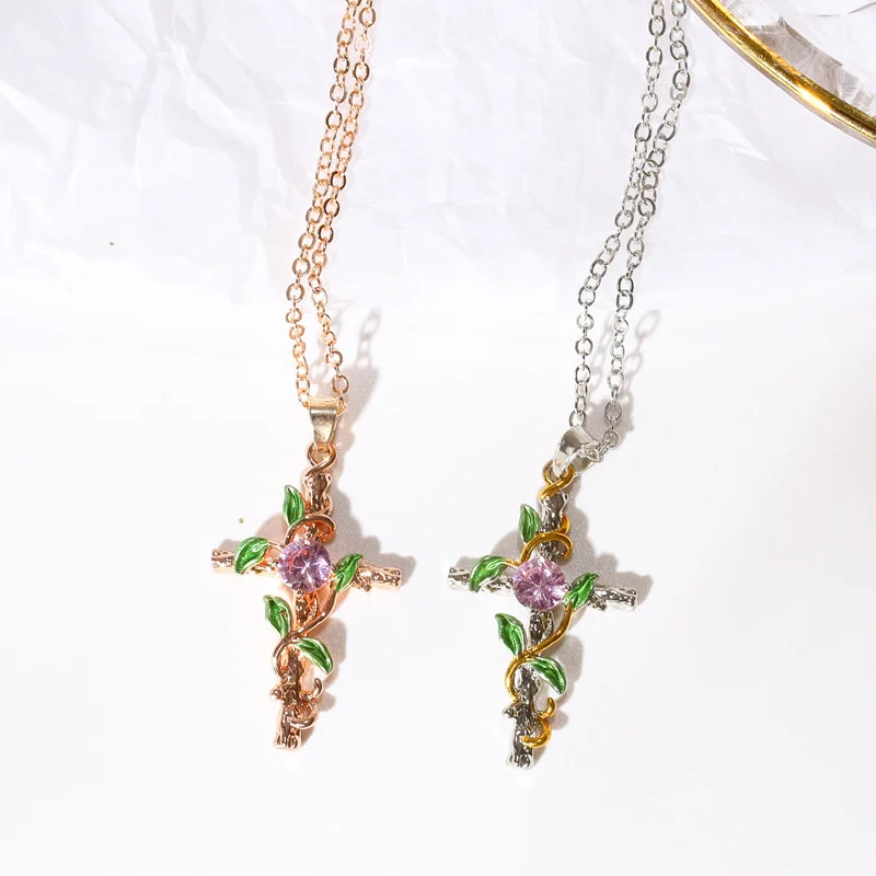 

2021 new creative leaf winding cross women's pendant necklace Trendy personality temperament Women's necklace Jewelry wholesale