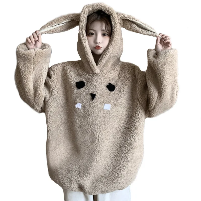

Зимние милые женские толстовки с капюшоном с ушками кролика свободная толстовка с капюшоном милые женские толстые теплые пуловеры с длинны...