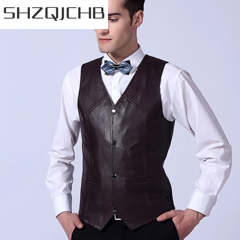 

JCHB 2021 Business Man Slim Fit Suit Vest V Neck Single Breasted Office Work Formal Genuine Leather Vest Tops Sleeveless Jacket