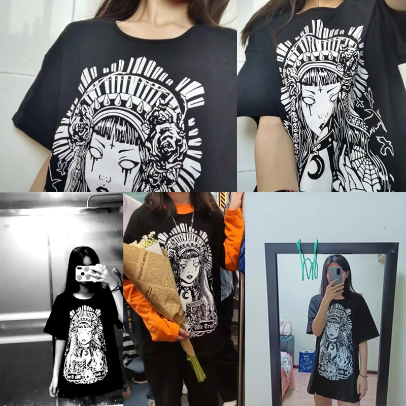 Женская футболка в готическом стиле черная с графическим принтом Харадзюку лето