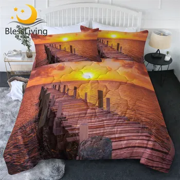 BlessLiving Sunset Summer Quilt Boat Fishing Dock Thin Duvet 3D Printed Bedding Queen Beautiful Scenery Summer Bedspread 3-Piece 1