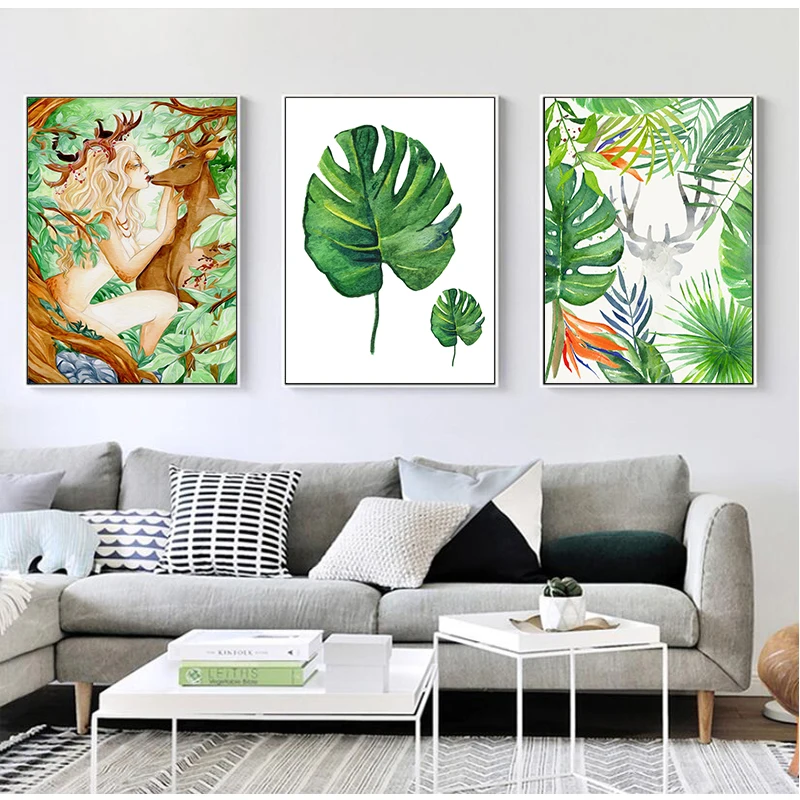 Тропические растения Скандинавская сказочная девушка олень зеленые листья