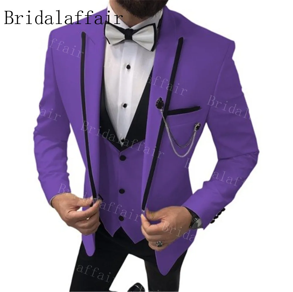 Bridalaffair, мужской костюм цвета слоновой кости, 3 предмета, новейший дизайн пальто и брюк, смокинги с отворотами, Женихи, мужские свадебные/вечерние, 3 штуки - Цвет: purple