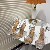 silver rhinestone pvc transparent crystal women sandals summer fashion metal sexy square toe nightclub banquet high heels shoes