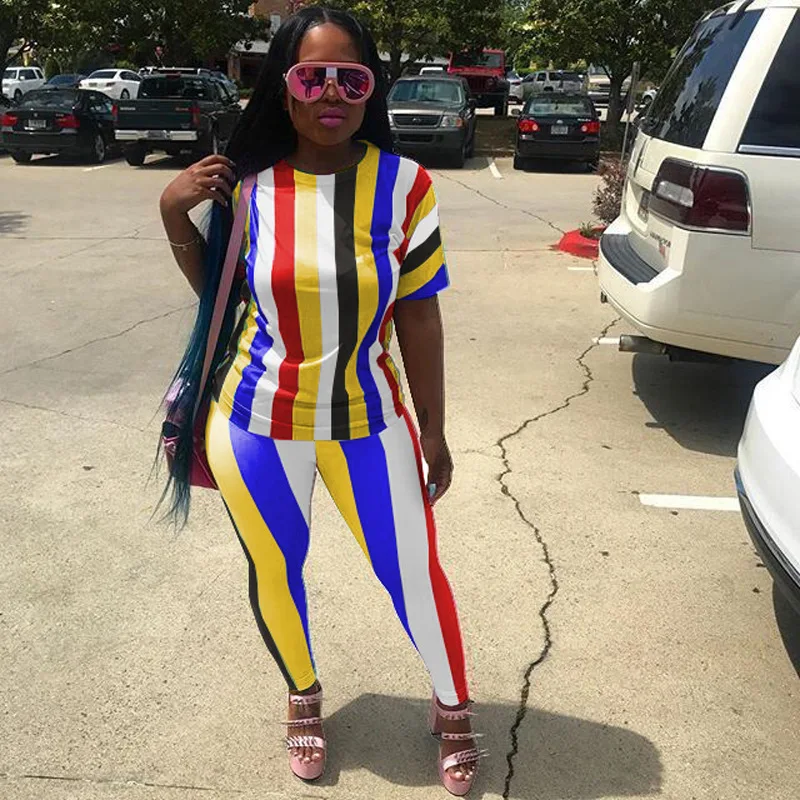 

Zatna Colorful Stripe Jumpsuits For Women Sexy Short Sleeve T Shirt&Pants Playsuits Bohemia Bodycon Body Suits Party Clothing
