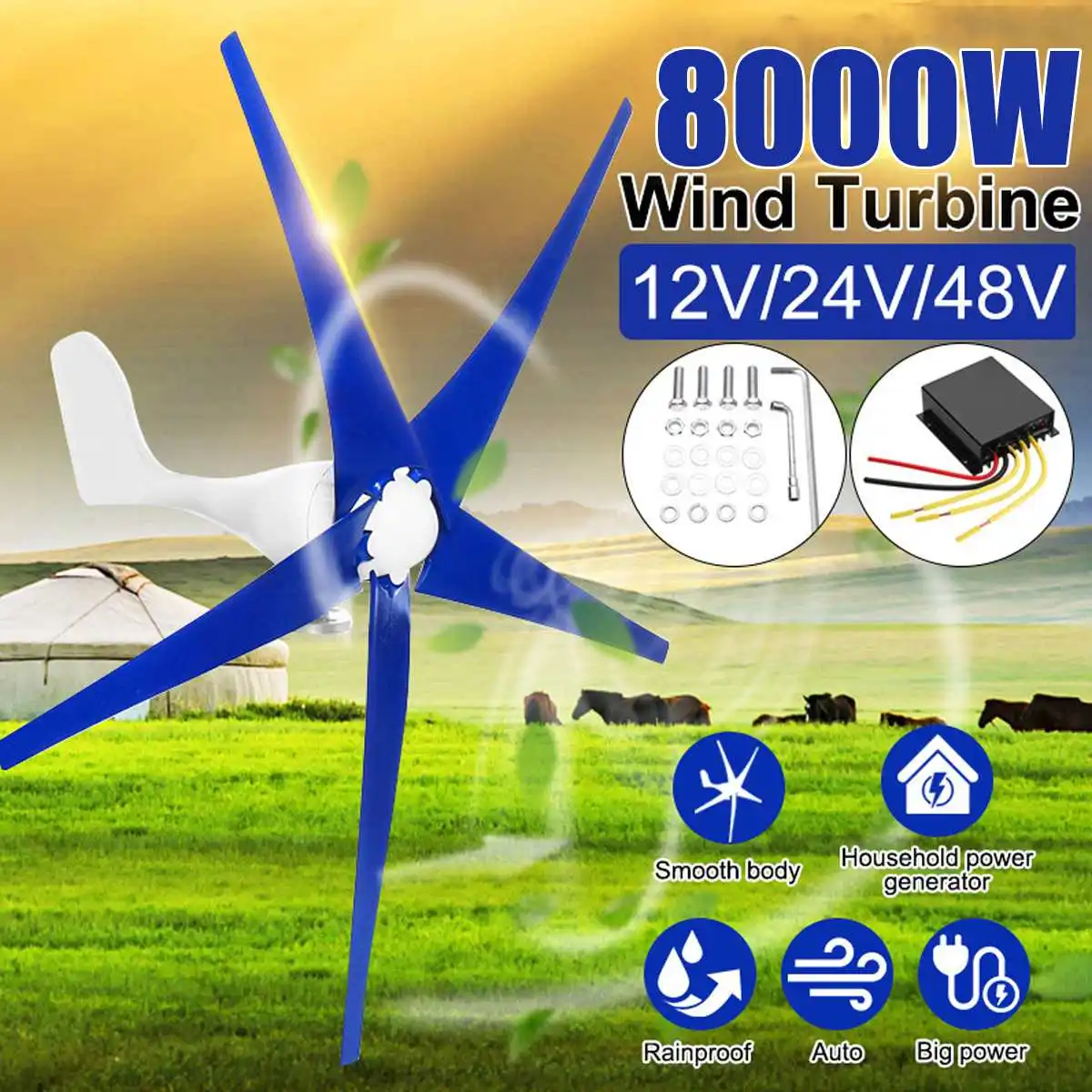 

8000W 12/24/48V Wind Turbines Generator 3/5 Blades Horizontal Wind Generator With Controller Windmill Energy Turbines Charge
