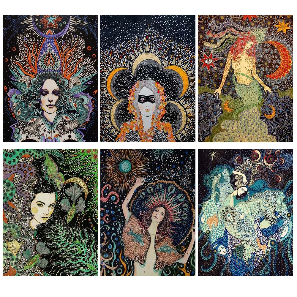 

Abstract Girl Fish Colorful Woman Nordic Poster Wall Art Canvas Painting Wall Pictures For Living Room Home Decor Unframed