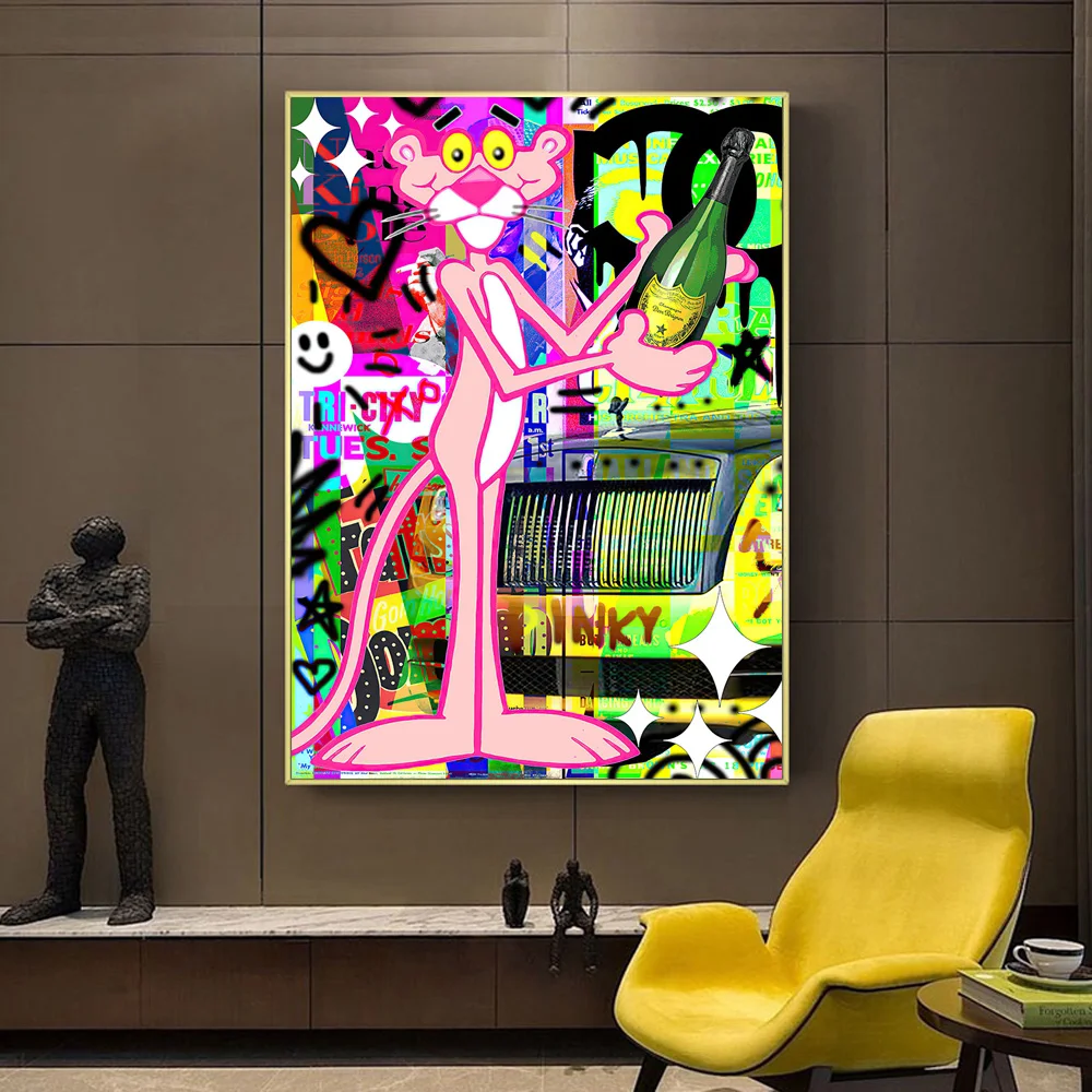 

Graffiti Art of Pink Panther With Champagne Canvas Painting on the Wall Art Prints Abstract Street Animal Art Picture Home Decor