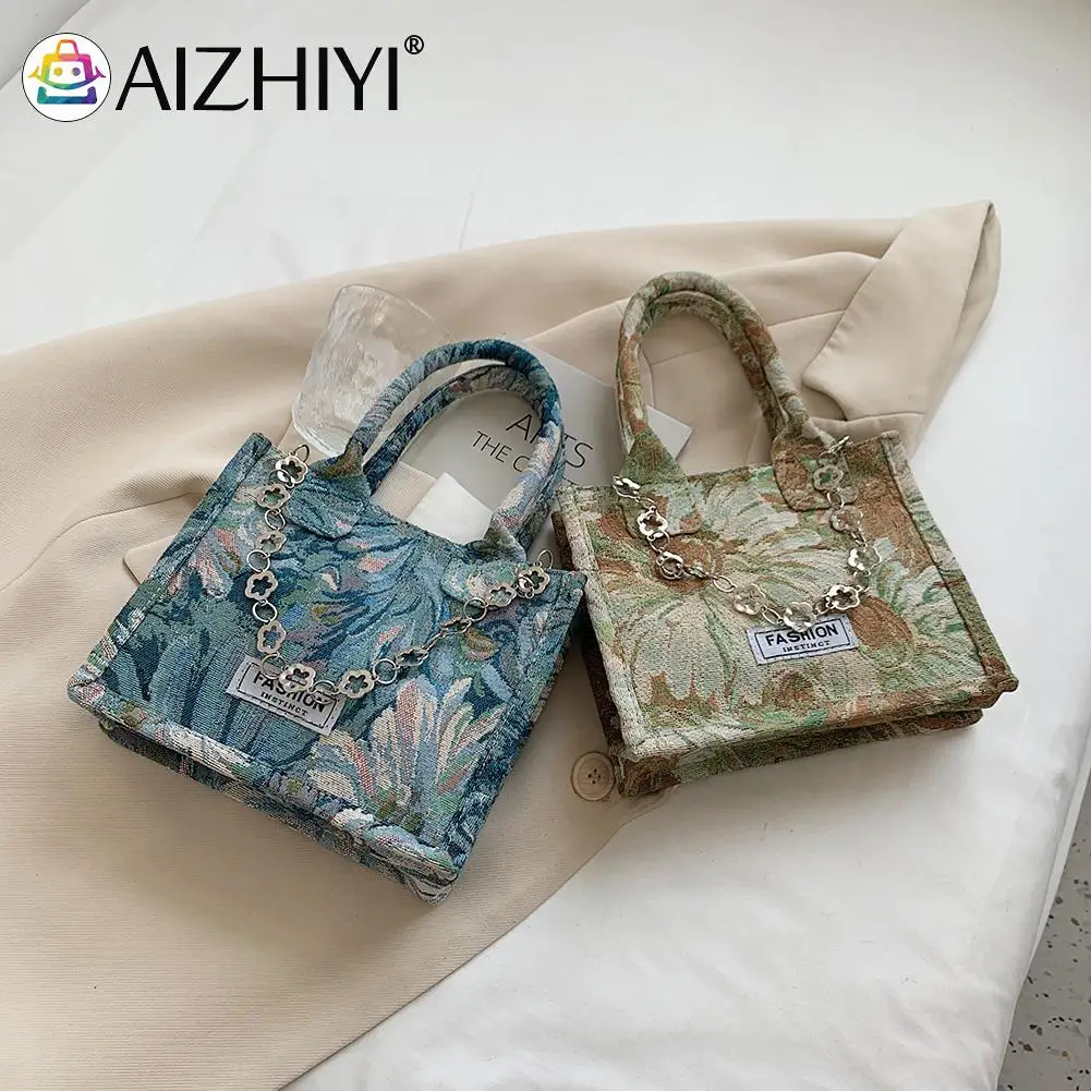

Fashion Women Jacquard Canvas Oil Painting Printing Tote Bag Casual Ladies Chain Small Handbags Purse
