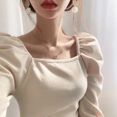 Chic Square Collar Hollow Out Clavicle T Shirt Slim Fit Pleated Puff Sleeve Solid Autumn Spring 2020 New Knit Top