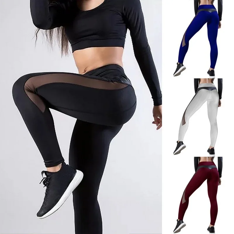 

Sexy mesh PU stitching hip-lifting yoga sports leggings women