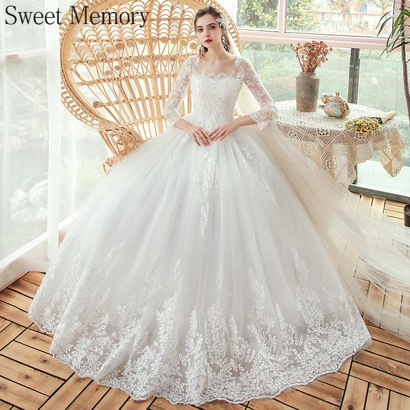 

N11195 Sweet Memory Luxury Embroidery Lace Up Three Quater Sleeve Wedding Dresses Bride White Dress Floor Length Ball Gowns