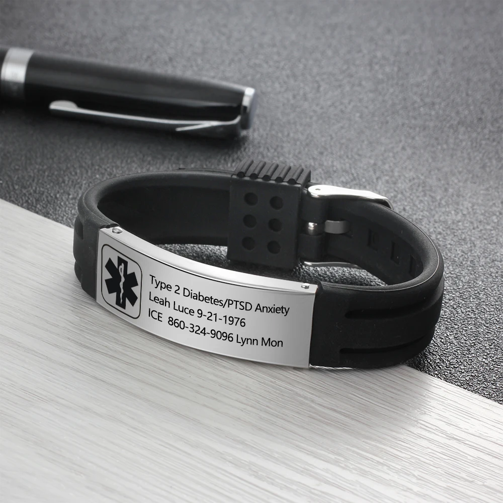 Free Engraving Silicone Adjustable Medical Bracelets Stainless Steel Sports Bracelet Wristband Emergency ID For Unisex | Украшения и