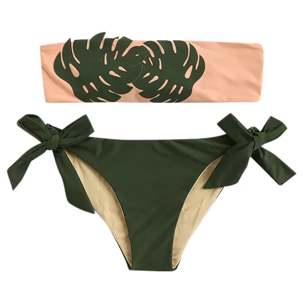 Модный женский комплект бикини без бретелек две части листья бандаж накидка