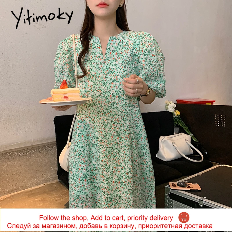 

Yitimoky Vintage Summer Dresses Women 2021 Fashion Korean Floral Printing Loose Waist Puff Sleeve V-Neck Solid Simple Dress