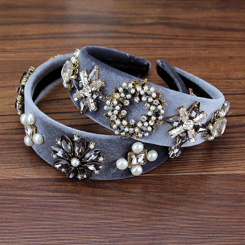 

Vintage Elegant Women Hair Accessories Wide Gray Crystal Velvet Flower Headband Pearl Diamante Hairband For Dance Party
