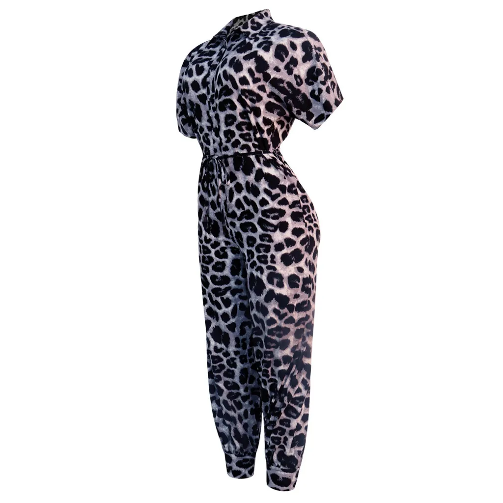 

Kancoold jumpsuit Women Fashion Sexy Lapel Deep V-Neck Leopard Print Short Sleeves Long Streetwear new women jumpsuit 2020Apr16